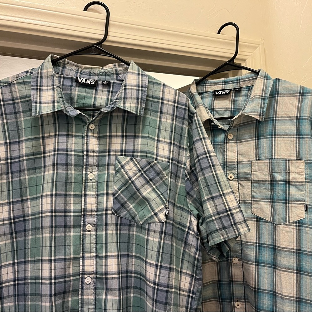 Two men’s VANS button-up shirts plaid GUC L